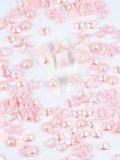Decoraciones de arte de uñas 3D de perlas ABS de formas múltiples y perlas planas, estilos mixtos de perlas planas en forma de corazón y estrella, adecuadas para el arte de uñas, manualidades y decoración DIY