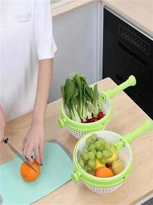 1pc Vegetable Cleaning Machine, Multifunctional Salad Spinner, Home Kitchen Drain Basket For Vegetables And Fruits! - Green - View 5