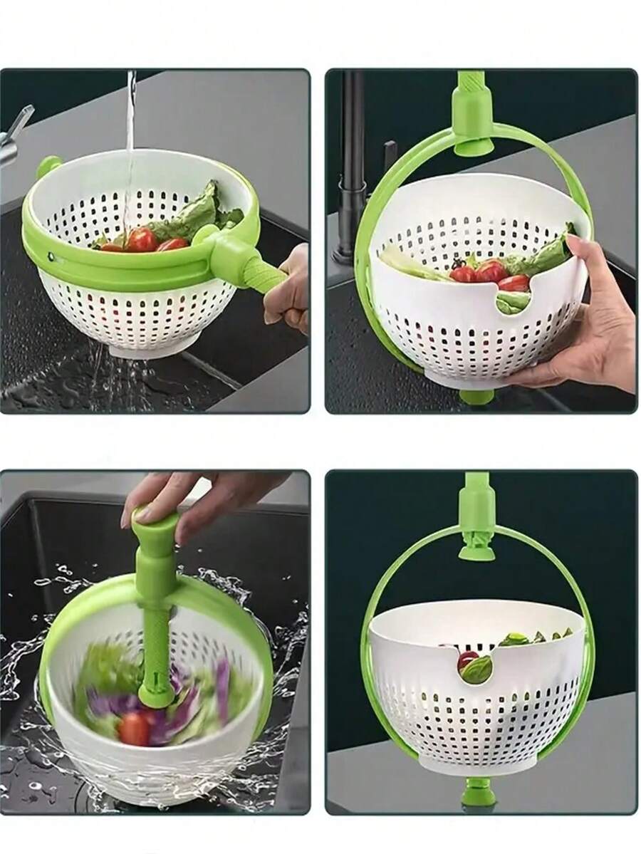 1pc Vegetable Cleaning Machine, Multifunctional Salad Spinner, Home Kitchen Drain Basket For Vegetables And Fruits! - Green - View 1