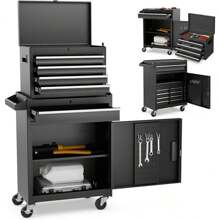 2 In 1 Metal Tool Cabinet, Combined Rolling Cabinet With Portable Tool Box, Mobile Workshop Trolley With 5 Drawers & Non-Slip Mats, For Workshop & Household (Black) - 黑色 - 查看 2