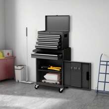 2 In 1 Metal Tool Cabinet, Combined Rolling Cabinet With Portable Tool Box, Mobile Workshop Trolley With 5 Drawers & Non-Slip Mats, For Workshop & Household (Black) - 黑色 - 查看 3
