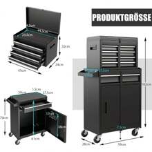 2 In 1 Metal Tool Cabinet, Combined Rolling Cabinet With Portable Tool Box, Mobile Workshop Trolley With 5 Drawers & Non-Slip Mats, For Workshop & Household (Black) - 黑色 - 查看 4