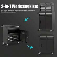 2 In 1 Metal Tool Cabinet, Combined Rolling Cabinet With Portable Tool Box, Mobile Workshop Trolley With 5 Drawers & Non-Slip Mats, For Workshop & Household (Black) - 黑色 - 查看 5