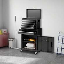 2 In 1 Metal Tool Cabinet, Combined Rolling Cabinet With Portable Tool Box, Mobile Workshop Trolley With 5 Drawers & Non-Slip Mats, For Workshop & Household (Black) - 黑色 - 查看 1