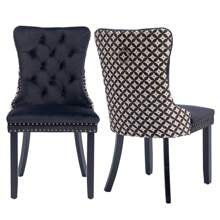 2/4/6 Piece Set Velvet Upholstered Dining Chairs, Wingback  Side Chairs Button Tufted With Solid Wood Legs For Kitchen,Dining Room. - Black-Floral - View 1