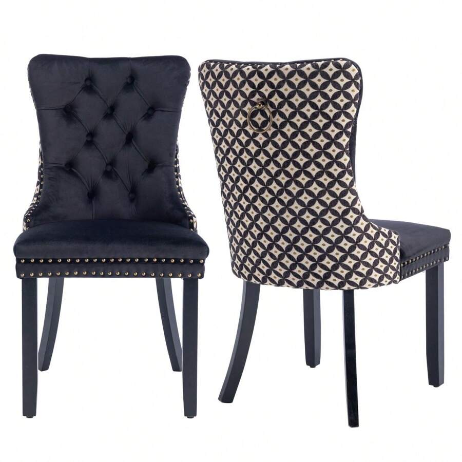 2/4/6 Piece Set Velvet Upholstered Dining Chairs, Wingback Side Chairs Button Tufted With Solid Wood Legs For Kitchen,Dining Room. - Black-Floral - View 1