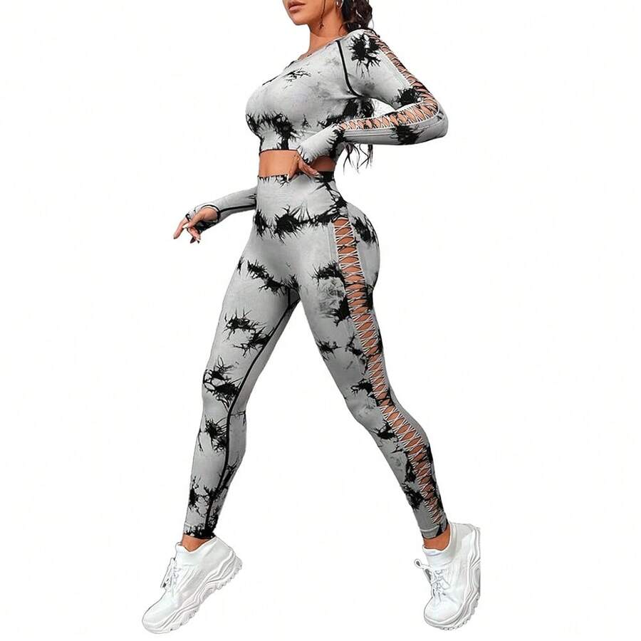 Conjuntos de Entrenamiento para Mujer Tie Dye Hollow Out Seamless Matching Tracksuit Gym Outfits Set - Gris - Ver 1
