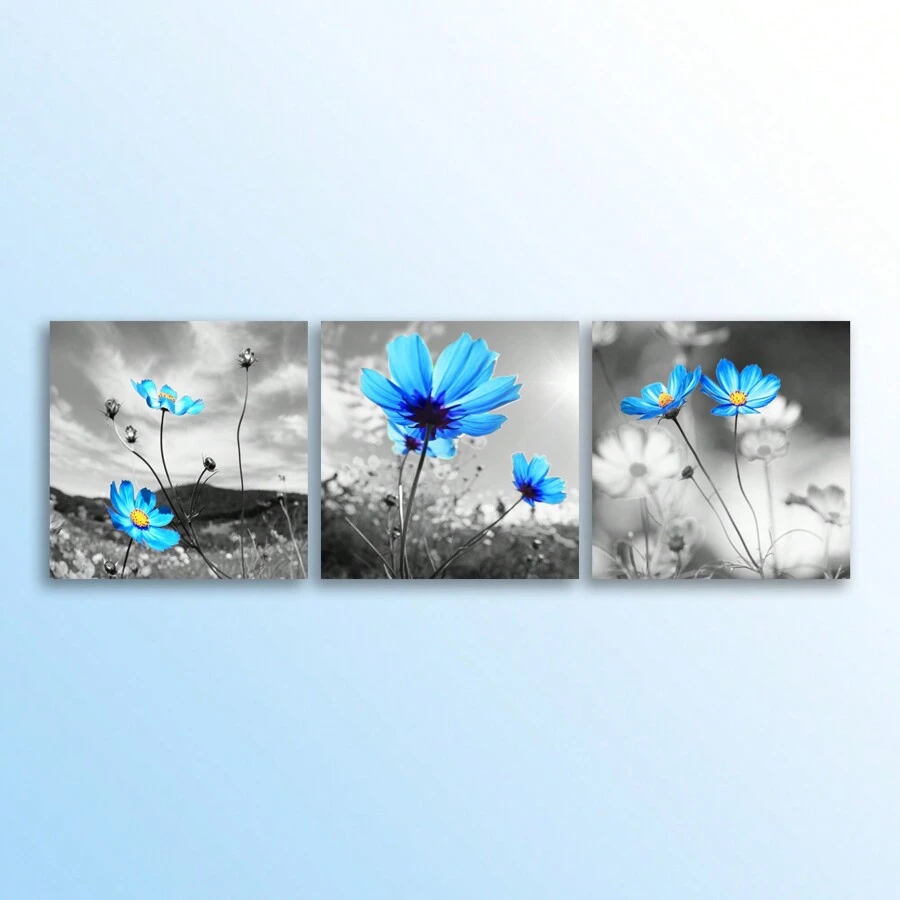 3入組方形藍花水墨畫布海報,沒有框架,適合客廳、臥室、辦公室等地使用 - 彩色 - 查看 1