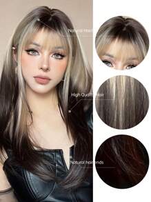 26 Inch Black & Gold Synthetic Wig, Suitable For Cosplay, Long Straight Hair With Bangs, Layered, Heat Resistant