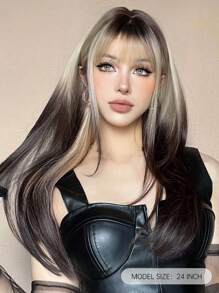 26 Inch Black & Gold Synthetic Wig, Suitable For Cosplay, Long Straight Hair With Bangs, Layered, Heat Resistant