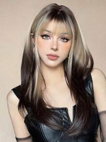 26 Inch Black & Gold Synthetic Wig, Suitable For Cosplay, Long Straight Hair With Bangs, Layered, Heat Resistant