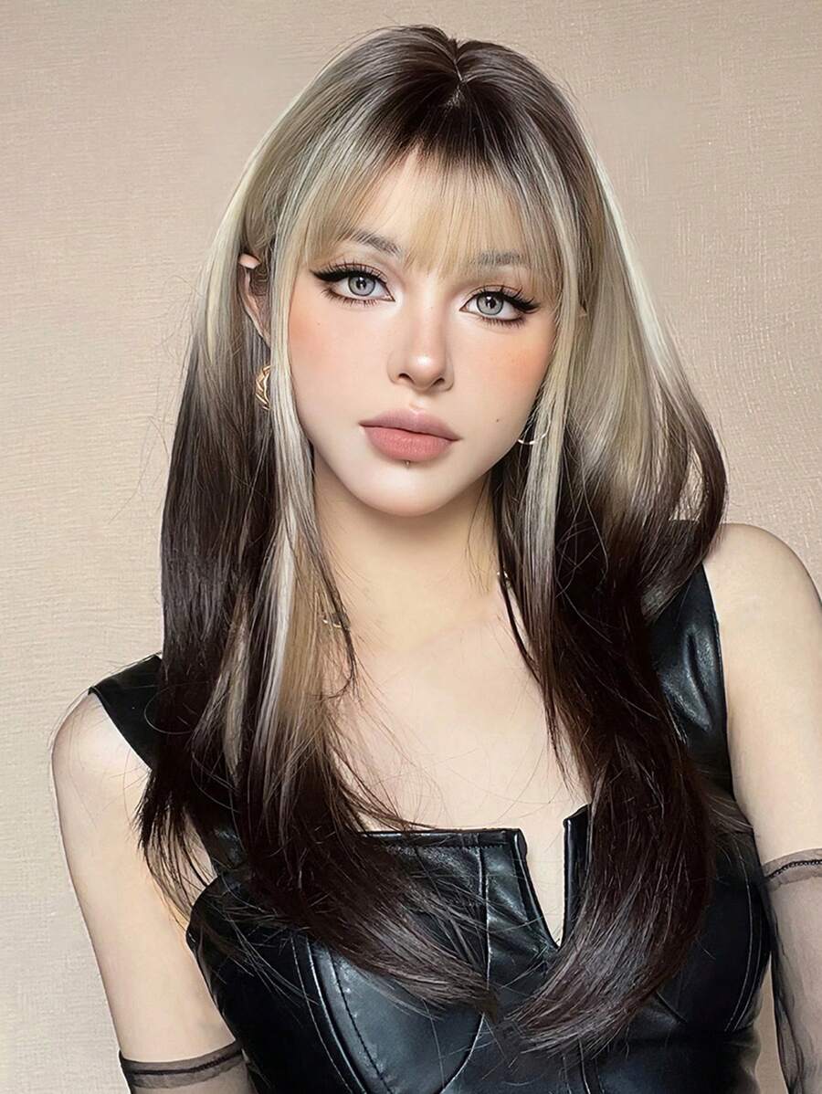 26 Inch Black & Gold Synthetic Wig, Suitable For Cosplay, Long Straight Hair With Bangs, Layered, Heat Resistant