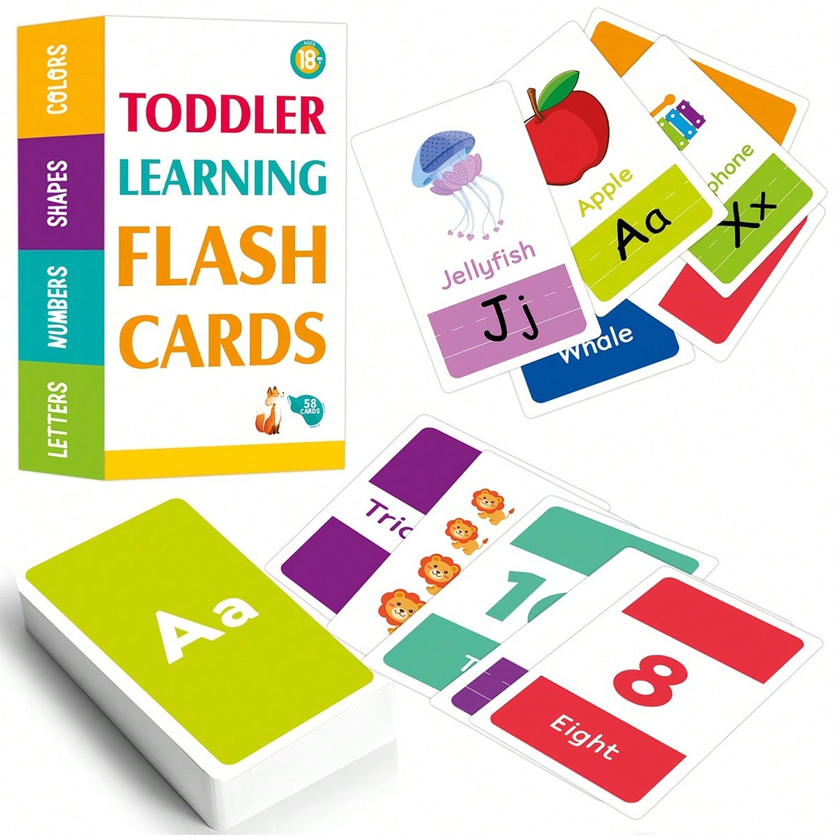 58 piÃ¨ces de cartes d'images, grandes cartes flash d'alphabet pour tout-petits 2-4 ans, apprendre les couleurs, les nombres, les formes, les