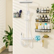 Moforoco 5 Pack Shower Caddy ,3 Shower Racks With Soap Holder And Toothbrush Holder,Adhesive Shower Shelves Storage Organizer, No Drilling Rustproof Stainless Steel Shower Caddy,Black Bathroom Shelf - 黑色 - 查看 4