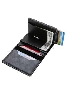 Cartera minimalista para hombre, soporte de tarjeta anti-RFID con monedero para tarjetas de crédito de bloqueo RFID para hombres y mujeres, tarjetero delgado con función bancaria segura, cartera minimalista emergente delgada con tamaño pequeño negro metálico con bloqueo, monedero pequeño con pop up