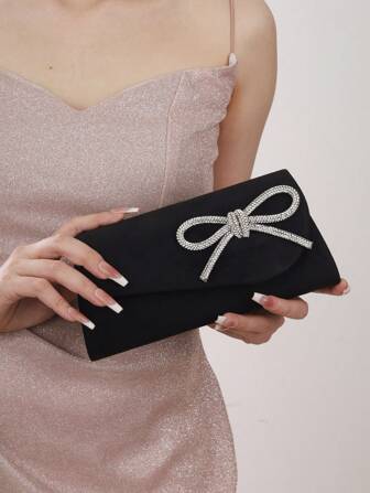 SIIZA Black Mini Plush Hand Bag Sparkly Rhinestone Bow Decor Women Evening Bag With Chain Tready Bride Bag, Perfect For Party, Wedding, Prom, Dinner/Banquet, Matching With Wedding Dress, Formal Dresses, Prom Dress, Birthday Dress, Women Dress Party, Perfect Valentine's Day Gift For Her, Perfectly Matching With New Years Outfit, Best Valentine's Gift Choice Ever Valentines