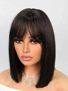 Halloween Costume Wig Bob Wigs Synthetic Heat Resistant Wigs With Bangs Natural Midlle Part Hairline 12inch Natural Black Dark Brown Color Straight Hair Full Machine Made Daily Used For Girl Women Natural Looking Good Quality Synthetic Soft Wigs