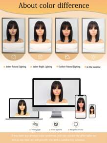 Halloween Costume Wig Bob Wigs Synthetic Heat Resistant Wigs With Bangs Natural Midlle Part Hairline 12inch Natural Black Dark Brown Color Straight Hair Full Machine Made Daily Used For Girl Women Natural Looking Good Quality Synthetic Soft Wigs