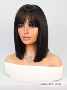 Halloween Costume Wig Bob Wigs Synthetic Heat Resistant Wigs With Bangs Natural Midlle Part Hairline 12inch Natural Black Dark Brown Color Straight Hair Full Machine Made Daily Used For Girl Women Natural Looking Good Quality Synthetic Soft Wigs