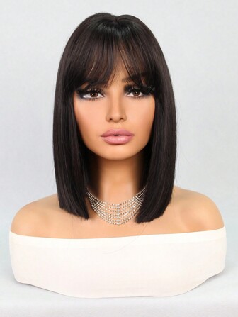 万圣节假发，波波头假发，耐热合成假发，带刘海，自然中分发际线，12英寸，自然黑/深棕色，直发，全机织，日常佩戴，适合女孩/女性，外观自然，优质柔软合成假发。