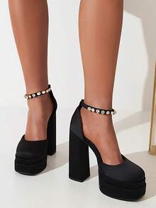 Women's Rhinestones Pumps Fashion Platform Black Chunky Heels Ankle Strap Square Toe Shoes - Black - View 7