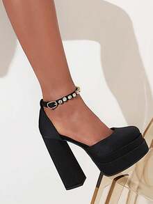 Women's Rhinestones Pumps Fashion Platform Black Chunky Heels Ankle Strap Square Toe Shoes - Black - View 8