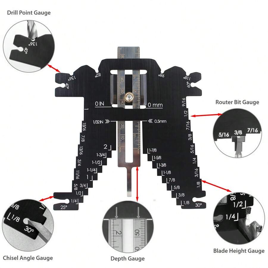 Black 1Pc Universal 5 In 1 Measuring Gauge Woodworking Tool - Drill Bit , Chisel Angle, Height, Depth Gauge For Table Saw Router - Black - View 1