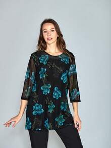 Blusa de Señora Estampada en Tallas Amplias, Diseño Exclusivo,  Ligero, Ideal para Otoño e Invierno - Azul - Ver 2