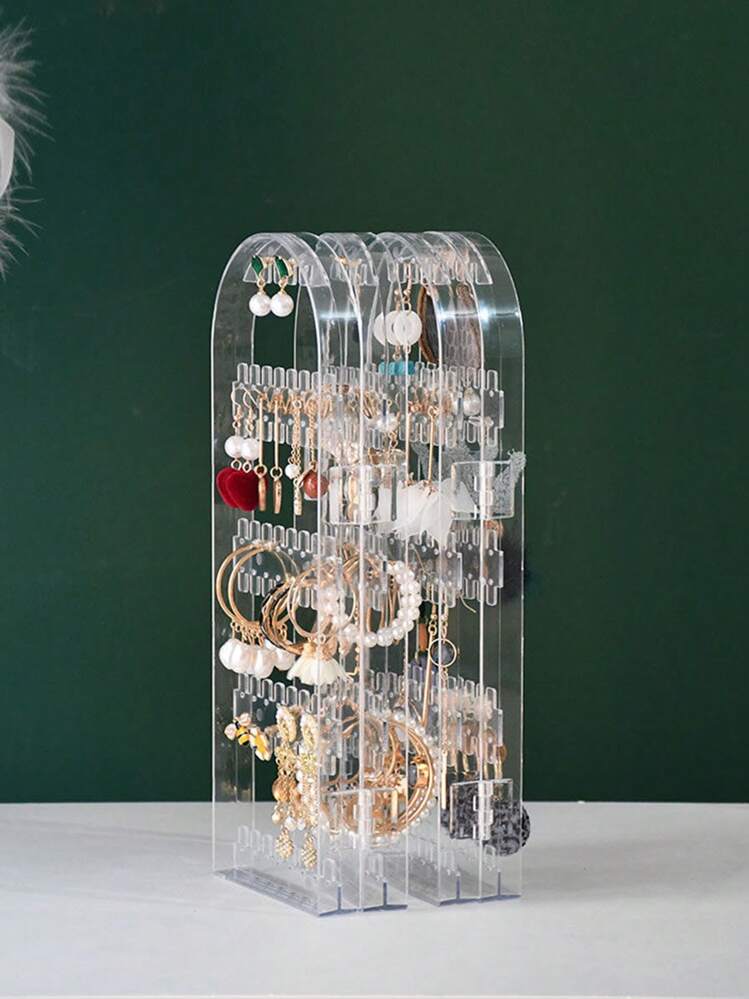 1 hộp đựng đồ trang sức bằng acrylic có thể gấp lại dành cho hoa tai, khuyên tai, kẹp tai, khuyên tai, giá trưng bày vòng cổ có ngăn kéo trong suốt, nhiều lớp xoay để cất giữ và sắp xếp trên mặt bàn, tủ quần áo để quay lại trường - Trong sáng - Xem 6