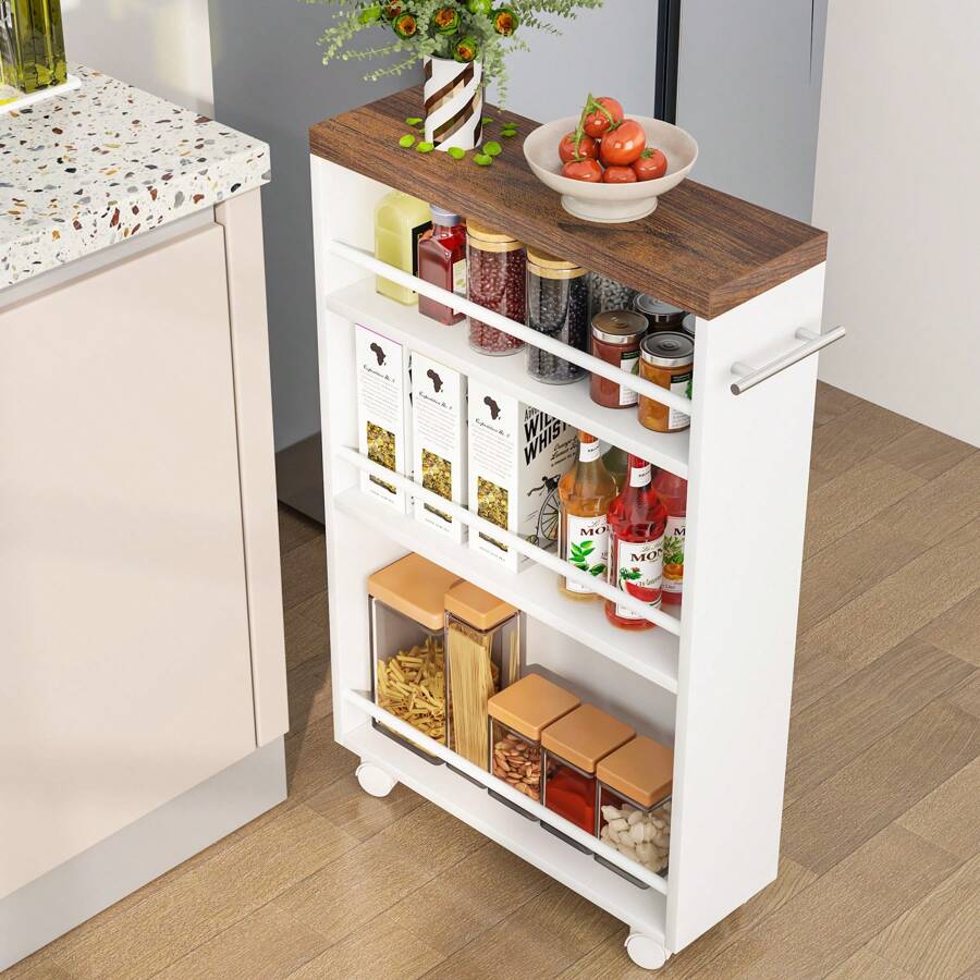 Tribesigns Slim Storage Cart, Rolling Narrow Kitchen Cart On Wheels For Small Place, 4-Tier Slide Out Slim Utility Cart Skinny Laundry Cart With Handle For Kitchen, Bathroom, Laundry - Nâu và Trắng - Xem 1