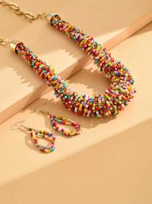 Bộ trang sức 2 chiếc bao gồm một chiếc vòng cổ hạt gạo dệt và một đôi bông tai, vòng cổ xương đòn thời trang và đa năng theo phong cách Âu Mỹ - cái hồ màu xanh - Xem 6