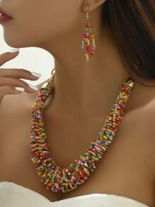 Bộ trang sức 2 chiếc bao gồm một chiếc vòng cổ hạt gạo dệt và một đôi bông tai, vòng cổ xương đòn thời trang và đa năng theo phong cách Âu Mỹ - cái hồ màu xanh - Xem 2