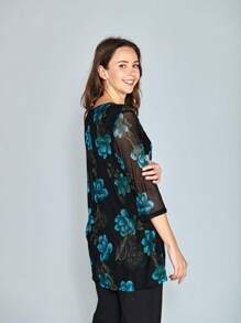 Blusa de Señora Estampada en Tallas Amplias, Diseño Exclusivo,  Ligero, Ideal para Otoño e Invierno - Azul - Ver 6