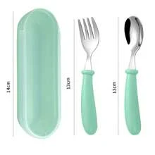 2 Piezas De Cuchara Y Tenedor De Acero Inoxidable Para Bebé Con Caja De Almacenamiento, Kit De Cubiertos Para Niños Portátil Y Para Uso Al Aire Libre - Verde - Ver 3