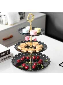 2pcs/Set 2 Tier Dessert Stand With Handle, Plastic Cupcake Display Holder For Buffet, White - White - View 3