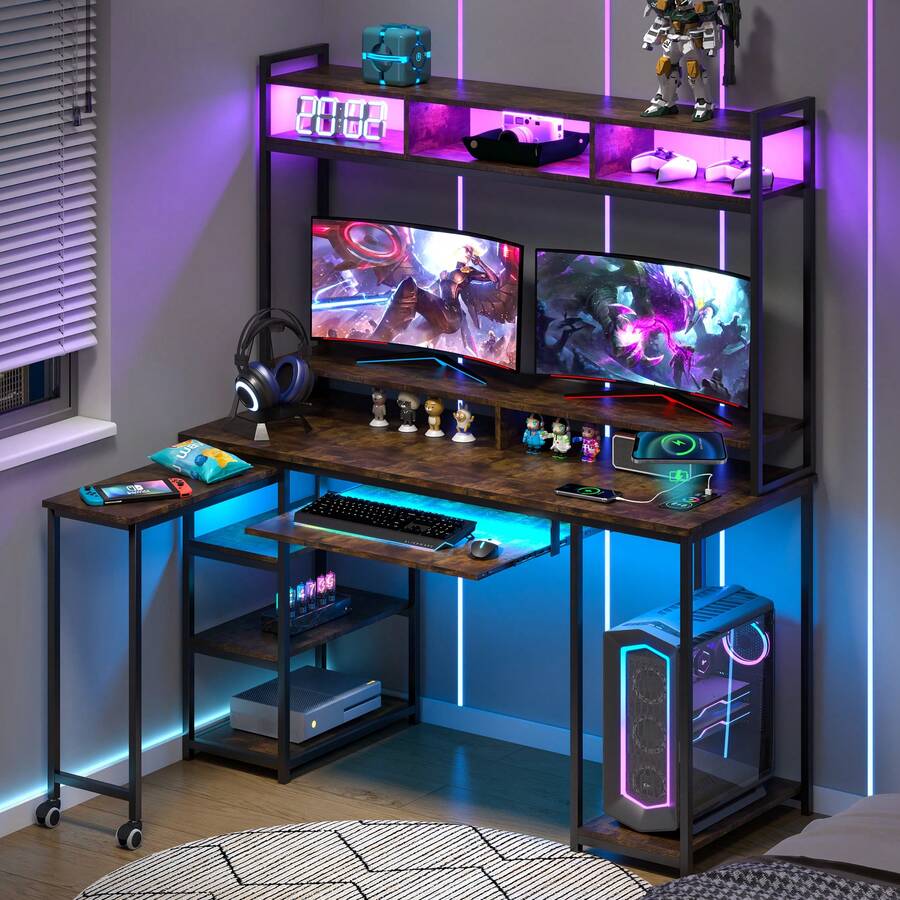 Lvifur RGB Gaming Desk With Wireless Charging Station,7 Dynamic & 24 ...