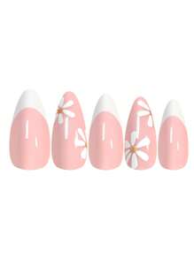Get Charm 24 piezas/set de uñas postizas de cobertura completa, estilo margarita francesa blanca, forma ovalada larga, incluye pegamento de gelatina y lima de uñas, adecuado para fiestas, bailes, uso diario, suministros de uñas uñas falsas uña falsa uña acrílica