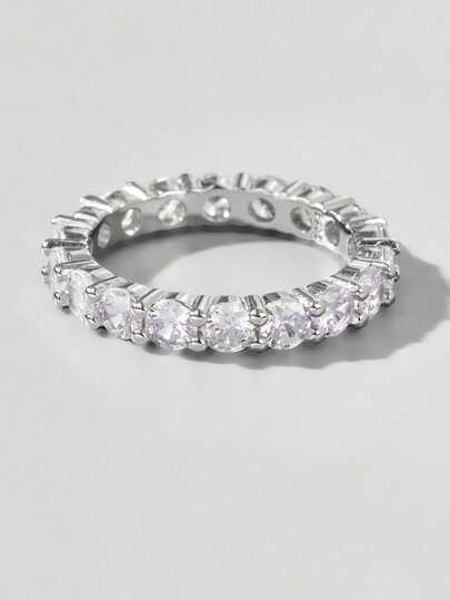 Vaerine Cubic Zirconia Decor Silver Wedding Band Engagement Bridal Jewelry