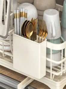 Beige Kitchen Single-Layer Dish Rack With Cutlery Holder For Countertop/Window Sill Narrow Dish Drainer Sink Organizer (Pack In Paper Box) - Beige - View 3