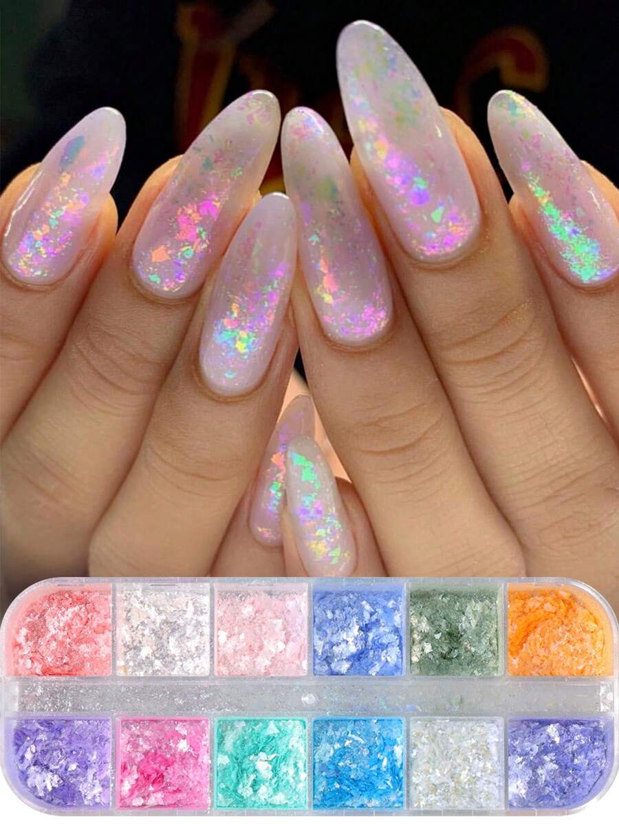 12格蛋白石粉美甲亮片，闪亮缎面亮片美甲装饰，美甲宝石，美甲用品 - 彩色 - 查看 1