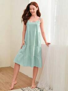 Váy ngủ vải lanh trơn màu, phù hợp cho mùa xuân, hè, thu - màu xanh lá - Xem 5