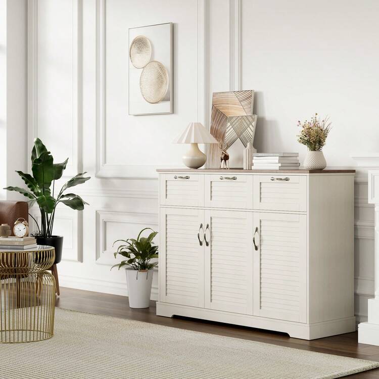 ITUSUT Farmhouse Kitchen Buffet Storage Cabinet With 3 Drawers And 3 Doors, Wood Sideboard Coffee Bar For Kitchen, Dining Room, Living Room, Oak White - oak white - View 5