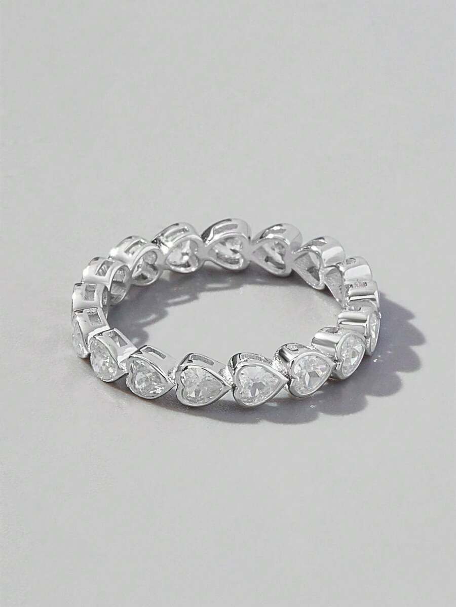 立方鋯心形裝飾銀色婚戒訂婚珠寶 - 銀色 - 查看 1