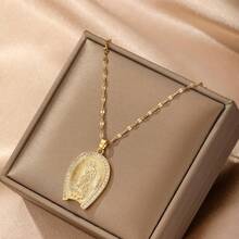 1入男士不鏽鋼長款項鍊,鍍金立體立方氧化鋯瑪利亞形吊墜,個性時尚復古潮流萬能配件,適用於休閒、街頭和音樂節 - 金黃色 - 查看 7