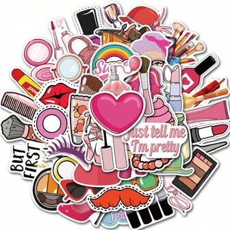50pcs Waterproof And Removable Stickers With Cute Cosmetics Cartoon Printed, Perfect For Decorating Water Bottles, Skateboards, Phones, Notebooks, Computers Back To School