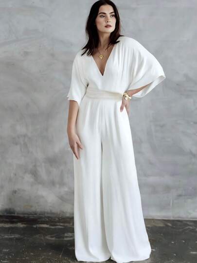 Mono elegante de pierna ancha escote en pico v manga mariposa casual para mujer