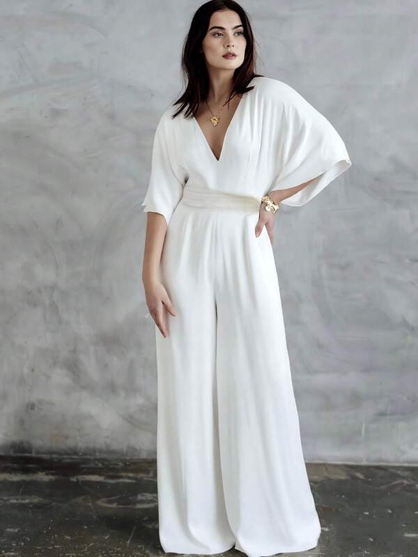 Mono elegante de pierna ancha escote en pico v manga mariposa casual para mujer