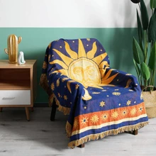 Sun And Moon Stars Hippie Throw Blanket Celestial  Double-Sided Reversible Woven Home Decor Bedding Chair Couch Recliner Cover Loveseat Rug Oversized Tassels Blue Yellow - Multicolor - View 2