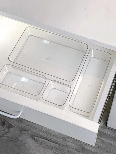 1个/4个/5个/6个装透明抽屉收纳盒，适合收纳小物件，桌面抽屉整理分隔盒，塑料抽屉收纳盒，可用于存放化妆品、厨房用具、办公桌用品、浴室用品，也可作为情人节礼物、秋季装饰、节日装饰、房间装饰、家居装饰、卧室装饰。