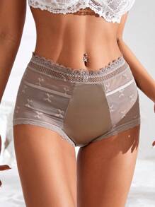 4 pièces Culottes sexy à taille haute en maille transparente avec bordure en dentelle